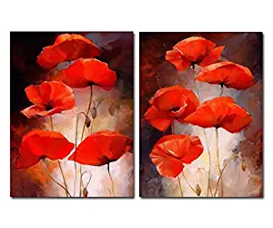 Purple Verbena Art Abstract Retro Red Poppies Flowers Pictures Prints on Canvas Walls Painting, Modern Giclee Folar Artwork for Bedroom Wall Decor, Stretched and Framed,Ready to Hang, Each 16x20 Inch