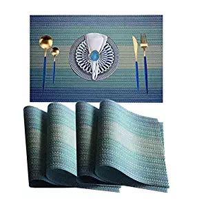 WANGCHAO Placemats Placemats Dining Room Table Mats Woven Vinyl Washable Durable Heat-Resistant Non-Skip Kitchen Strip PVC Placemats(Sky Blue, Set of 8)