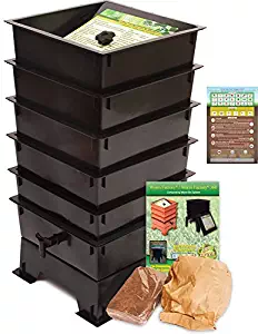 Worm Factory DS5BT 5-Tray Worm Composting Bin + Bonus "What Can Red Wigglers Eat?" Infographic Refrigerator Magnet - Vermicomposting Container System - Live Worm Farm Starter Kit for Kids & Adults