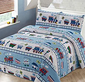 Luxury Home Collection 2 Piece Twin Size Quilt Coverlet Bedspread Bedding Set for Kids Teens Boys Girls Trains Light Blue White Green Red Yellow