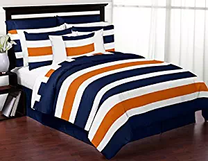 Sweet Jojo Designs 3-Piece Navy Blue, Orange and White Childrens, Teen Full/Queen Boys Stripe Bedding Set Collection
