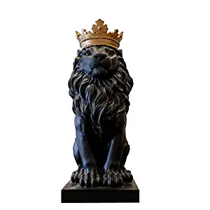 JM Lifestyle 9" King of The Forest Lion Statue,Gold Crown Lion Figurine Animal Decoration (Black)