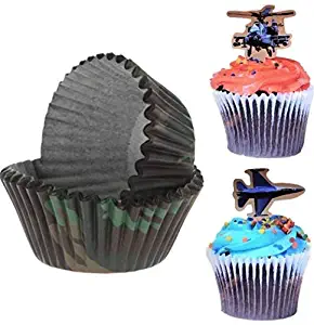 S&C Party 24 Military Cupcake Toppers and 50 Camouflage Cupcake Liners Decorations Supplies Bundle