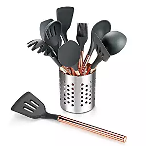 Kitchen Utensil Set - 10 PCS Silicone Kitchen Cooking Utensils Set - Rose Gold Stainless Steel Handle Kitchen Gadgets Set for Nonstick Cookware - BPA Free & Non Toxic Spoon Turner Holder Spatula Set