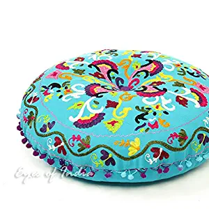 Eyes of India - 24" Blue Round Decorative Floor Cushion Seating Meditation Pillow Throw Cover Indian Bohemian Boho