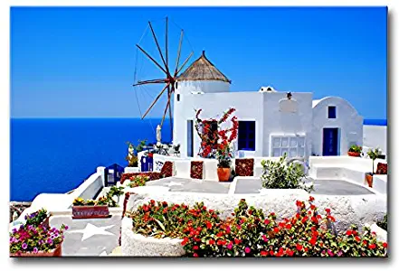 So Crazy Art - Canvas Print Wall Art Painting For Home Decor,Windmill And Blue Sea And Flowers At Oia, Santorini, Greece Paintings Modern Giclee Stretched And Framed Artwork The Picture For Living Room Decoration,Landscape Pictures Photo Prints On Canvas