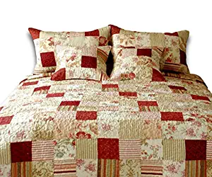 Tache Home Fashion Strawberry Field Coverlet Quilt Set, Cal King, Red, Beige, Multi