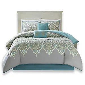 Comfort Spaces Mona 100% Cotton Printed Paisley Design 6 Piece Comforter Set Bedding, Queen, Teal & Grey