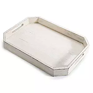 MyGift Rustic Whitewashed Wood Serving Tray with Cut-out Handles and Angled Edges