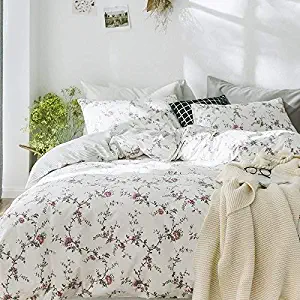 Cottage Country Style 3 Piece Duvet Cover Set Multicolored Roses Peonies Bouquet 100-percent Cotton Shabby Chic Reversible Floral Bedding (Queen, White)