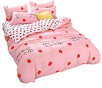 Kimko Girls Strawberry Bedding Set- Kids Reversible Red Strawberry Pattern & White Cover -4Pcs -1 Duvet Cover Set + 1 Bed Sheet + 2 Pillowcases (Queen, Strawberry)