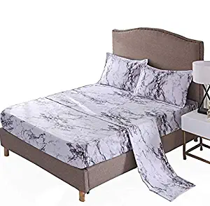 MAG Black White and Gray Queen Size Modern Pattern Printed 4PC Marble Bedding Sheet Set with 1 Flat & 1 Fitted Sheet with 2 Pillow Cases, 12” Deep