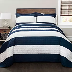 Lush Decor New Berlin Quilt Striped Pattern 3 Piece Bedding Set, Full Queen, Navy and White