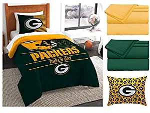 Northwest NFL Green Bay Packers Draft 9pc Twin Bedding Set - Includes Comforter, sham, 2 Flat Sheets, 2 Fitted Sheets, 2 Pillowcases, and Pillow