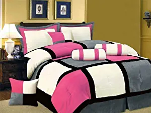 5 PC MODERN HOT PINK Black White Gray Suede COMFORTER SET / BED IN A BAG - TWIN SIZE BEDDING