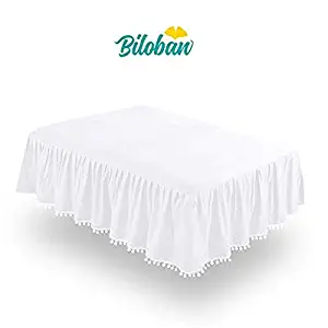 White Crib Skirt Pleated with Lovely Pompoms, Bedding Dust Ruffle for Baby Girls and Baby Boys, 14" Drop, Fit All Standard Crib Bed,White, Microfiber.