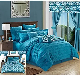 Chic Home Hailee 24 Piece Comforter Complete Bed in a Bag Sheet Set and Window Treatment, Queen, Teal