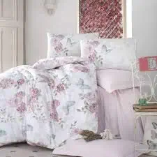 Bekata 100% Cotton Rosella Duvet Cover Floral Butterfly Pattern Bedding Set Duvet Cover Set Pink (Queen Size 4 pcs)