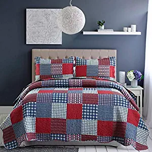Jessy Home Quilts Queen Size,Plaid Patchwork Coverlet Set,Reversible Bedspread Set,3 Pieces 1 Quilts 2 Pillow Shams