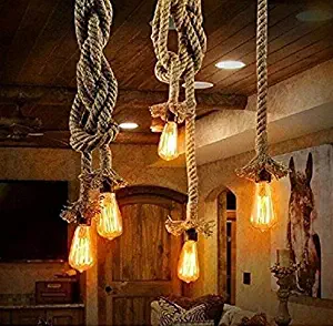 Borang Double Heads Retro Rope Lights Loft Vintage Lamp Bedroom Dining Room Pendant Hand Knitted Hemp Rope 300 cm（118 inch）
