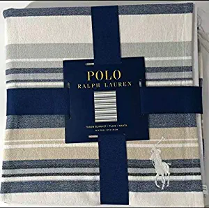 POLO BY RALPH LAUREN Men’s Navy/White/Beige Stripe Cotton Throw Blanket 50X70IN