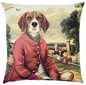 Authentic Jacquard Cotton Woven European Tapestry Pillow Covers / Decorative Gift Throw Pillow Cases / Home Decor Cushion Cover Protector 18X18 in Vintage Dog Beagle Sir Hugo Castle Forest Fox Hunter