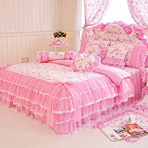 MeMoreCool Home Textile Elegant Design Pastoral Style Floral Lace Princess Bedding Set Girly Ruffle Duvet Cover Fashion Exquisite Falbala Bed Skirt Queen Size 4Pcs