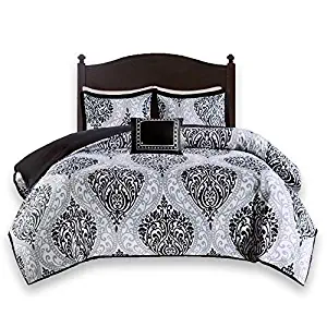 Comfort Spaces Coco 4 Piece Comforter Set Ultra Soft Printed Damask Pattern Hypoallergenic Bedding, Queen, Black