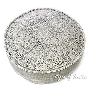 Eyes of India - 24 X 8 Grey Grey Round Dhurrie Block Print Ottoman Pouf Cover Floor Bohemian Indian Colorful Boho