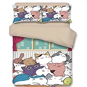 Cartoon Cat Full Duvet Cover Sets for Kids White Khaki Reversible 4 Pieces Kids Girls Boys Bedding Sets Duvet Cover with Pillowcases Child Bedding Sets, No Quilt