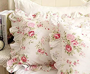FADFAY Shabby Pink Rose Floral Print Pillowcases Elegant Country Style Vintage Lace Ruffles Bedding Pillow Covers Standared Size 19" x 29" (Twin/Full/Queen, Bulgaria Rose，Ruffle Style)