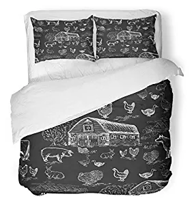 Emvency 3 Piece Duvet Cover Set Breathable Brushed Microfiber Fabric Hand Farm Animals Chalkboard Style Cows Geese Chickens Pigs Turkey House Vintage Bedding Set with 2 Pillow Covers Twin Size