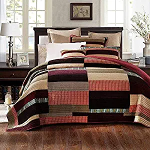 DaDa Bedding Classical Desert Sands Reversible Real Patchwork Quilted Bedspread Set - Striped Autumn Warm Tones Brown Burgundy Multi-Color Print - King - 3-Pieces
