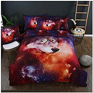 Ammybeddings 4 PCS Purple Galaxy Wolf Bedding 3D Galaxy and Wolf Print Shinning Outer Space Duvet Cover with 1 Flat Sheet and 2 Pillow Cases (Extra Long Twin Size No Comforter)