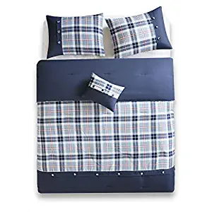 Comfort Spaces Harvey 4 Piece Comforter Set Plaid Perfect for College Dormitory, Guest Room Bedding, Queen, Blue