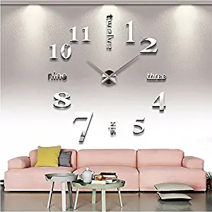 FASHION in THE CITY New 3D DIY Mirror Surface Wall Clocks Modern Design Living Room Decorative Wall Watches … (Silver)