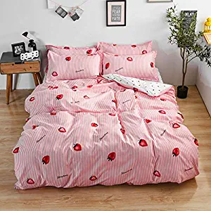 Kimko Kids Strawberry Bedding Set- Girls Reversible Red Strawberry Pattern & Pink Cover -4Pcs -1 Duvet Cover Set + 1 Bed Sheet + 2 Pillowcases (Twin, # Strawberry)