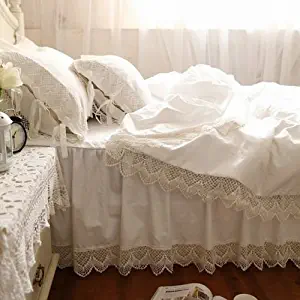 Swanlake Shabby and Victorian Style White Wide Lace Cotton Duvet Cover Bedding Set 1117 (Queen)