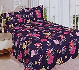 Mk Collection 3 Pc Bedspread Teens/girls Owl Fox Animals Purple New (Full)