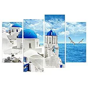 4 Panels Greece Churches White and Blue Aegean Sea Canvas Print Wall Art Picture Painting for Living Room Office Wall Decor Mediterranean Sea Landscape Home Decorations (A:12x24inchx2+12x32inchx2)