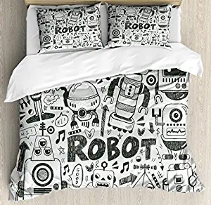 Ambesonne Robot Duvet Cover Set, Futuristic Space Doodle Style Androids Sci Fi Pattern Fantasy Machine Art Print, Decorative 3 Piece Bedding Set with 2 Pillow Shams, Queen Size, Pale Grey