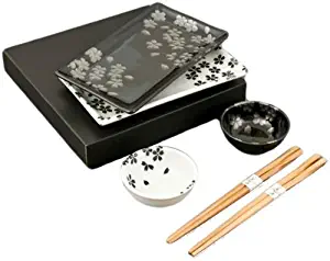 Japanese 6 Piece Dinner Set Black and White Cherry Blossom Sakura Rectangular Sushi Plate Bowl Chopsticks Dinner Set for Two Gift Boxed Made In Japan (Black White Sakura)