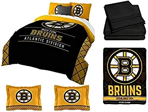 Northwest NHL Boston Bruins Draft Queen Bedding Set - Includes Comforter, 2 Shams, Flat Sheet, Fitted Sheet, 2 Pillowcase and Throw