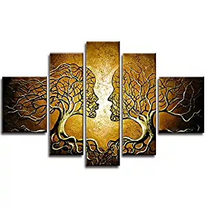 Wieco Art Brown Human Tree Abstract Oil Paintings on Canvas Wall Art Ready to Hang for Living Room Bedroom Home Decorations Modern 5 Piece 100% Hand Painted Stretched and Framed Contemporary Artwork