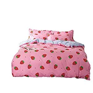 KFZ Bed Set Children Bedding Duvet Cover Spongebob Forest Dandelion Strawberry Design Flat Sheet Pillowcases No Comforter HDD Twin Full Queen King 4pcs/Set Size (Strawberry Pie, Pink, Queen, 79"x91")