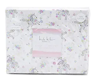 Nicole Miller Unicorn Parade Sheet Set Cotton Peracle Floral Pink Green White Bedding for Girls (Full)