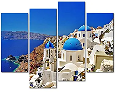 Canvas Print Wall Art Painting For Home Decor,Oia Town On Santorini Island, Greece. Traditional And Famous White Houses And Churches With Blue Domes Over The Caldera, Aegean Sea 4 Piece Panel Paintings Modern Giclee Stretched And Framed Artwork The Picture For Living Room Decoration,Landscape Pictures Photo Prints On Canvas