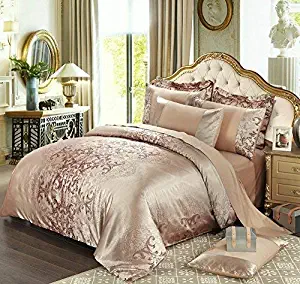 UniTendo 4 Piece Sateen Cotton Jacquard Duvet Cover Sets,Delicate Floral Pattern Bedding Sets,Duvet Cover Flat Sheet and 2 Pillowcases,Champagne,Queen/XL Twin