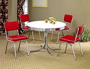 5pcs Retro White Round Dining Table & 4 Red Chairs Set